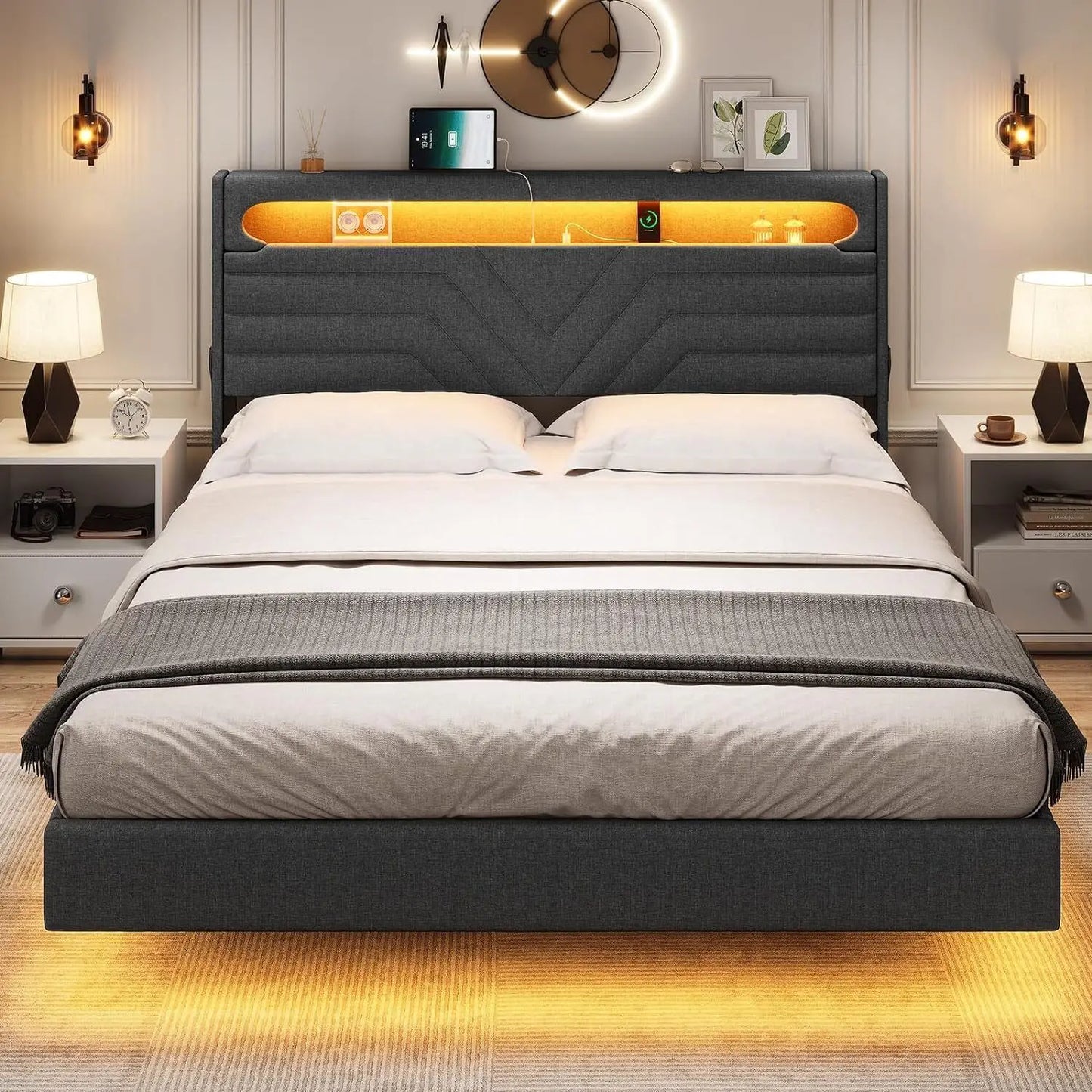 Full/Queen Floating LED Bed Frame with Charging Station Upholstered Platform Bed，USB-C/A Charging Station & Storage Headboard