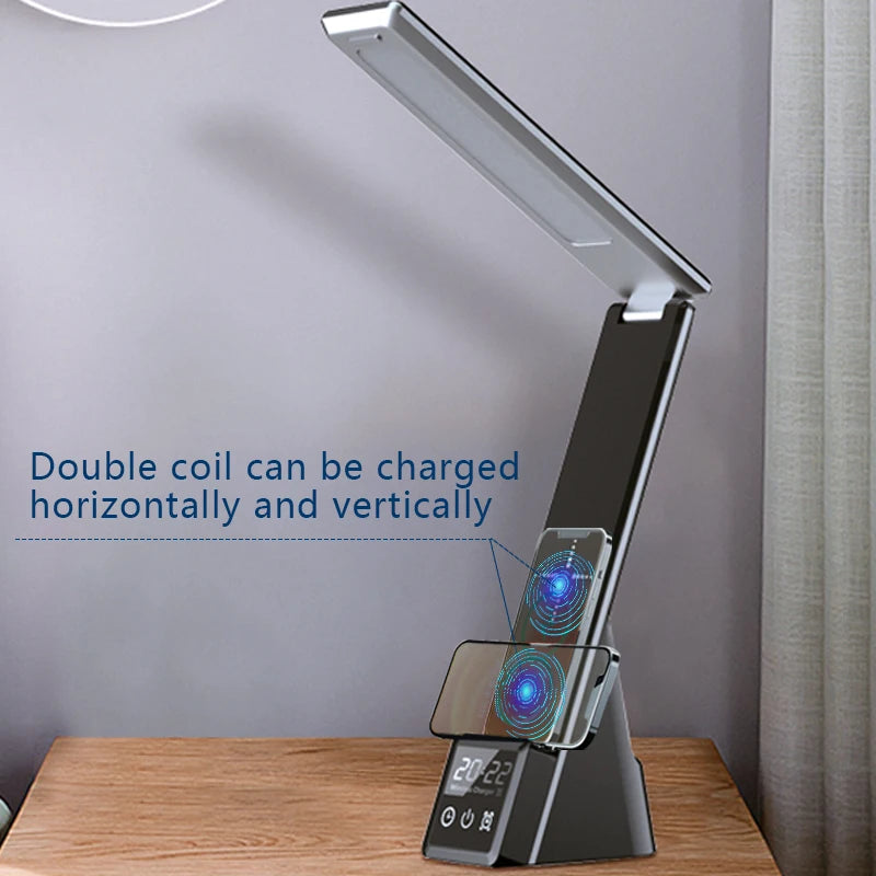 Foldable Desk Lamp with Magnetic Wireless Charger and Digital Alarm Clock