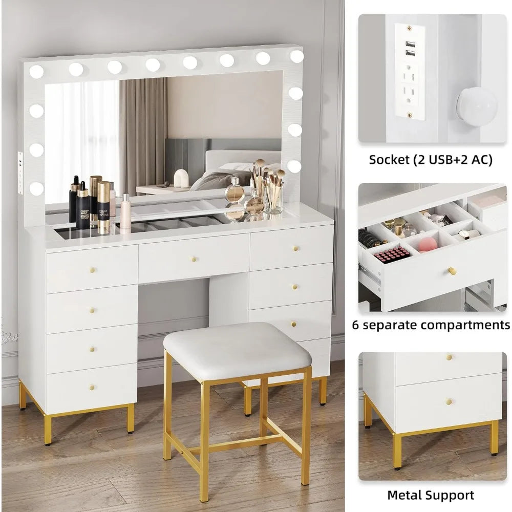 Large White Makeup Vanity Desk Set with Hollywood Bulbs Mirror & Charger Station, Glass Top Vanity with 9 Drawers and Adjustable