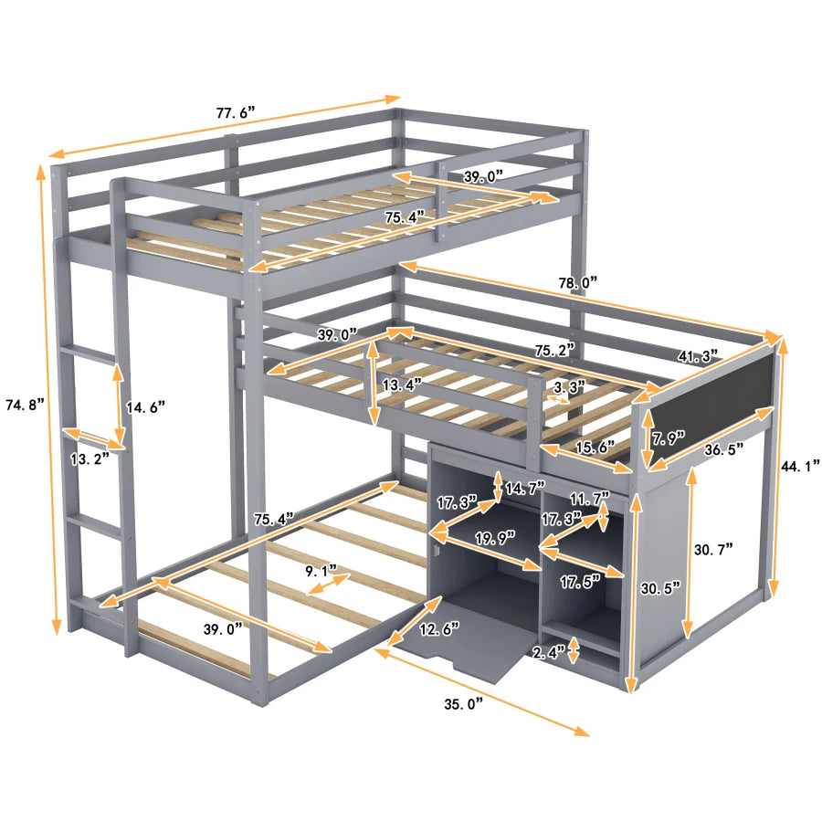 L-shaped Wood Triple Twin Size Bunk Bed with Storage Cabinet and Blackboard, Ladder