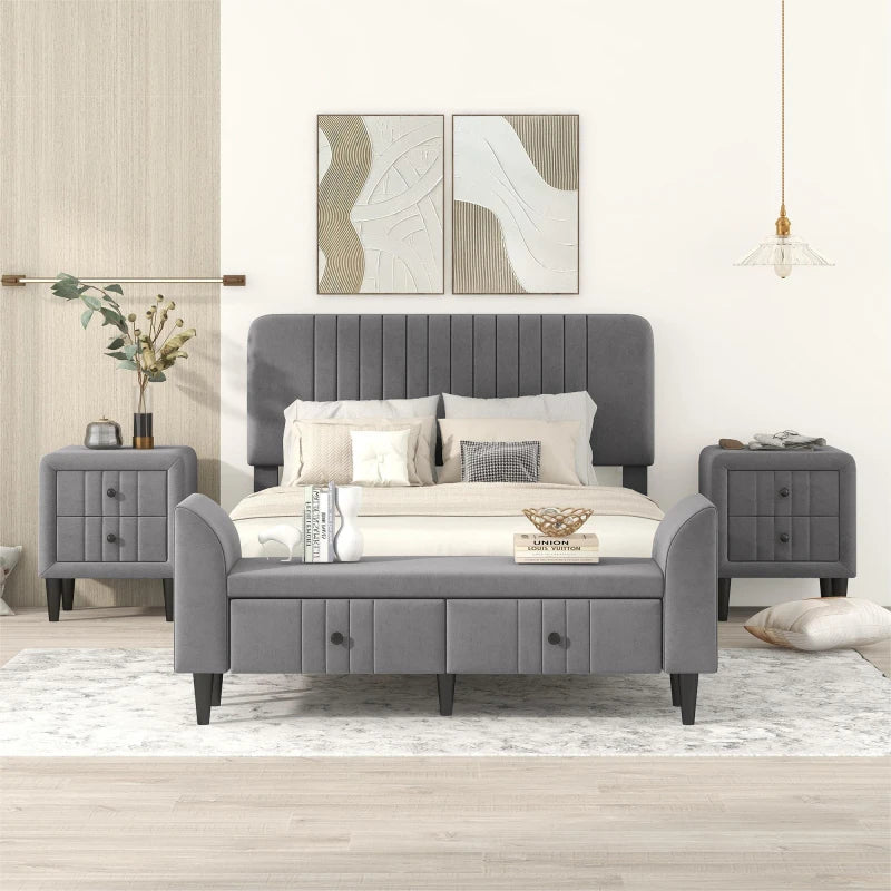 Full Size Gray Upholstered Platform Bed with Two Nightstands and Storage Bench