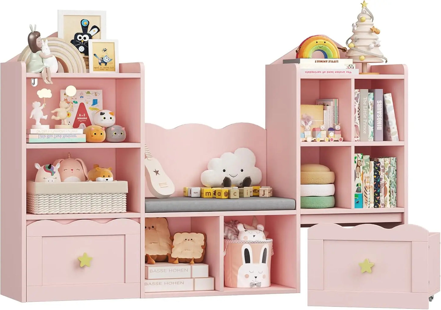 Pink Kids Bookshelf with Reading Nook & Storage