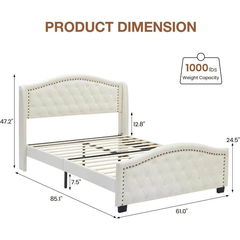 Viktoria Queen Size Padded Beige Platform Bed with Wingback High Headboard