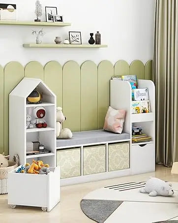 White Kids Bookshelf with Reading Nook & Toy Storage