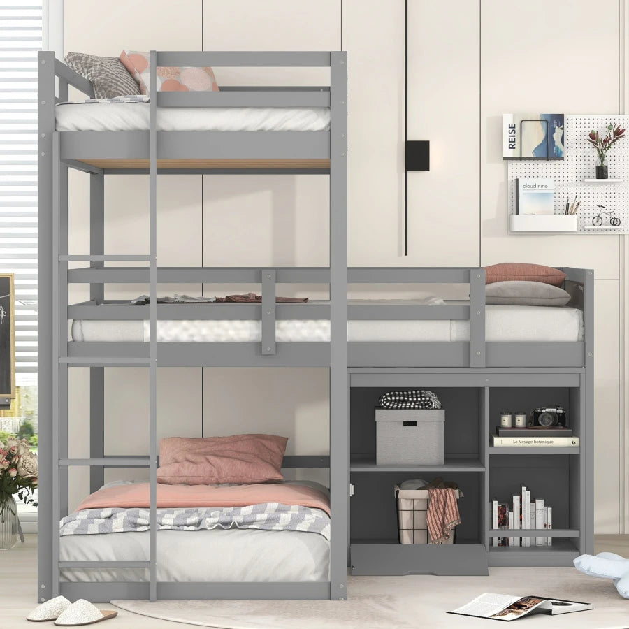 L-shaped Wood Triple Twin Size Bunk Bed with Storage Cabinet and Blackboard, Ladder