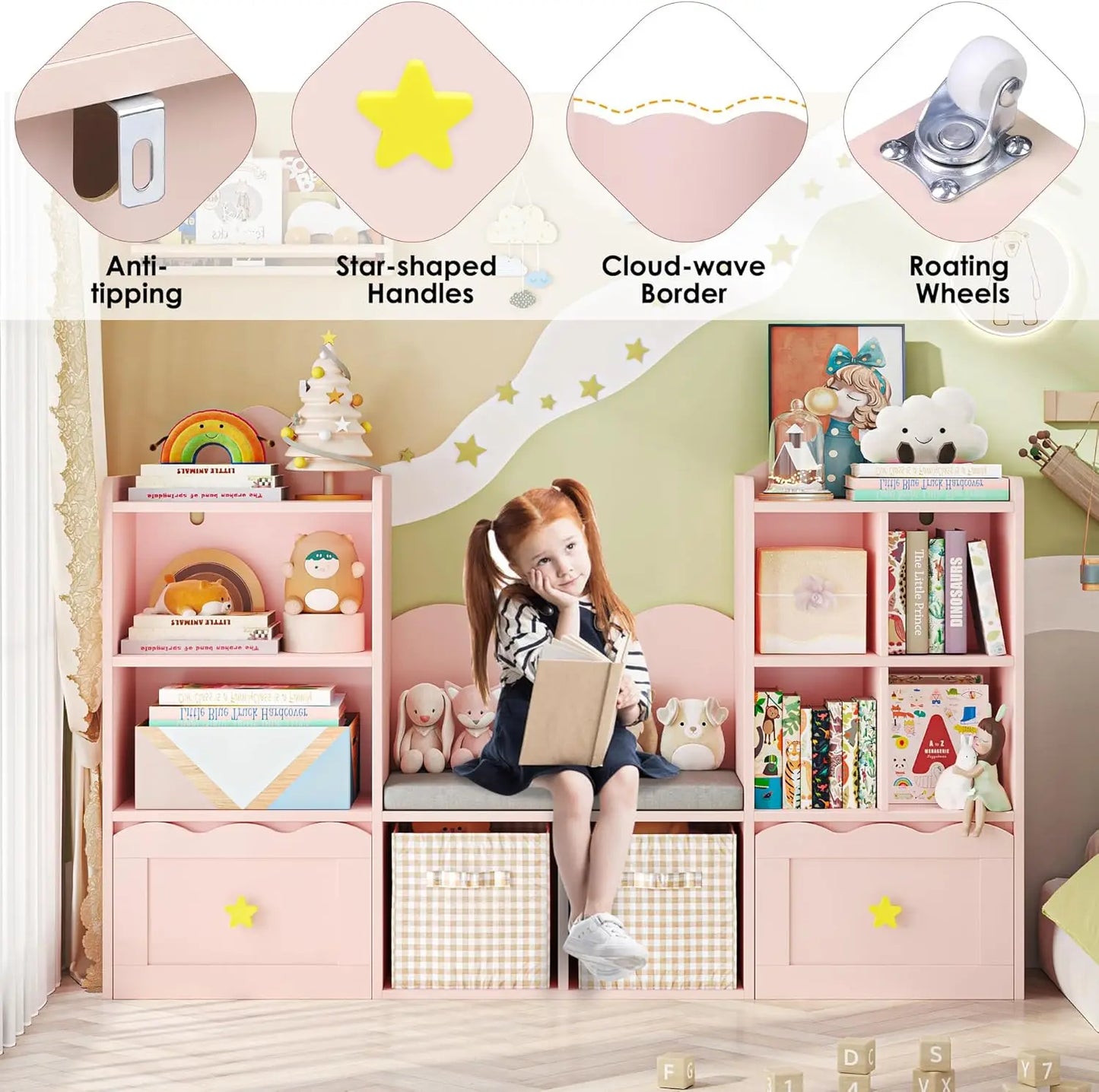 Pink Kids Bookshelf with Reading Nook & Storage