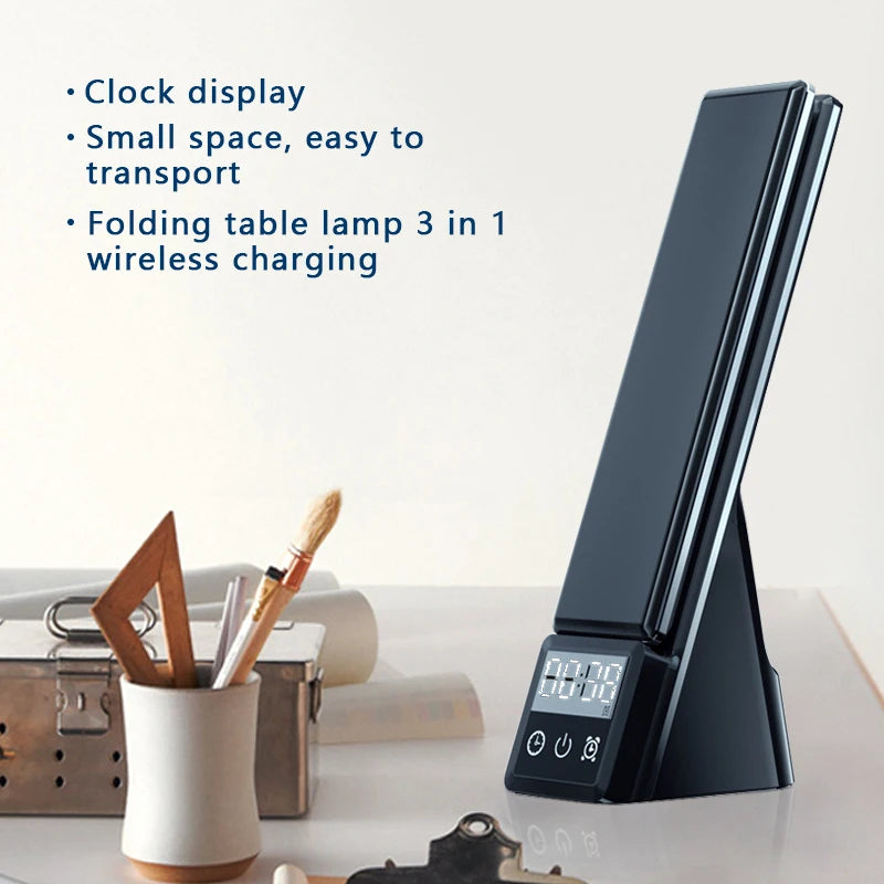 Foldable Desk Lamp with Magnetic Wireless Charger and Digital Alarm Clock