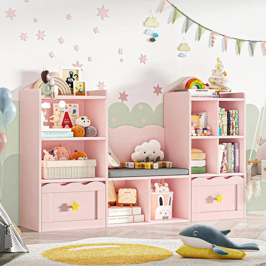 Pink Kids Bookshelf with Reading Nook & Storage