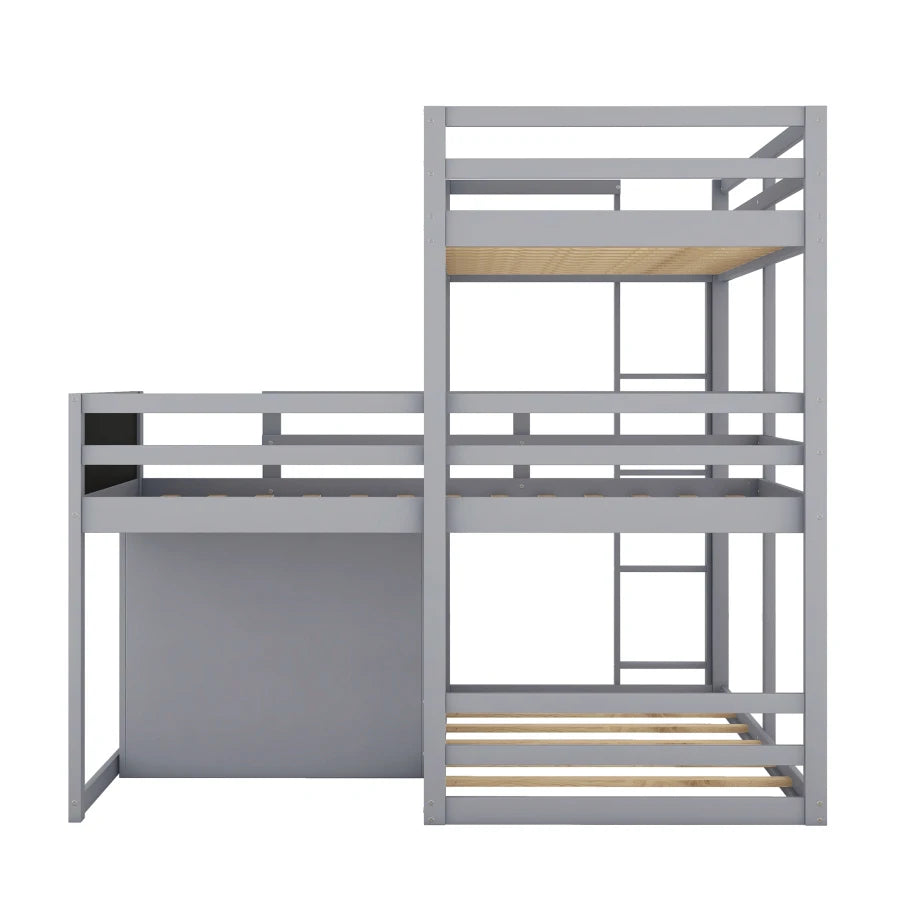 L-shaped Wood Triple Twin Size Bunk Bed with Storage Cabinet and Blackboard, Ladder