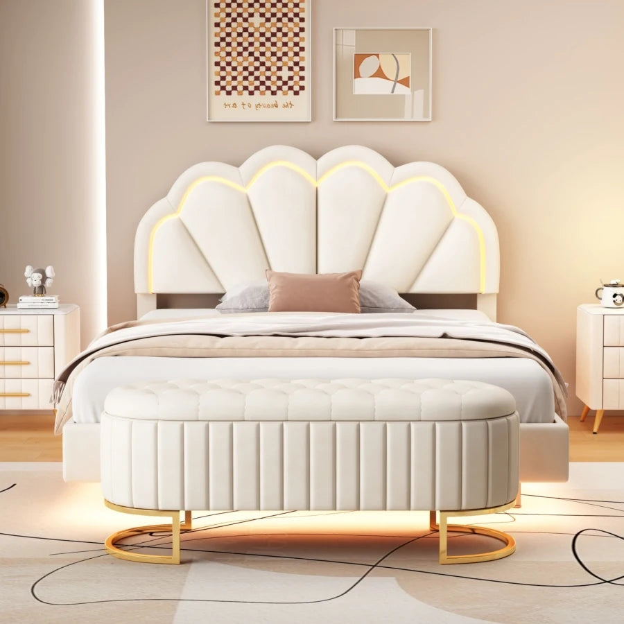 2-Pieces Bedroom Sets,Queen Size Upholstered LED Platform Bed with Storage Ottoman-Velvet,Beige