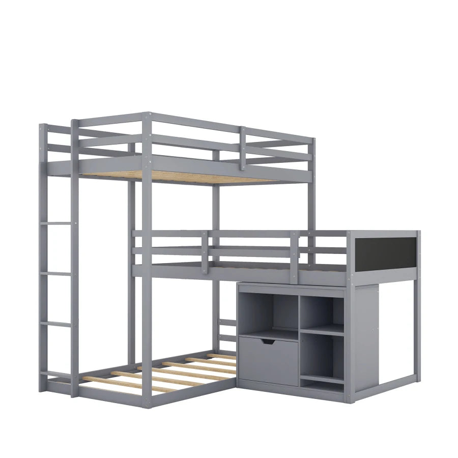 L-shaped Wood Triple Twin Size Bunk Bed with Storage Cabinet and Blackboard, Ladder