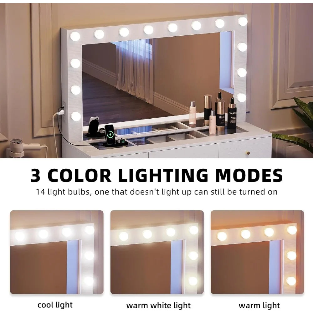 Large White Makeup Vanity Desk Set with Hollywood Bulbs Mirror & Charger Station, Glass Top Vanity with 9 Drawers and Adjustable