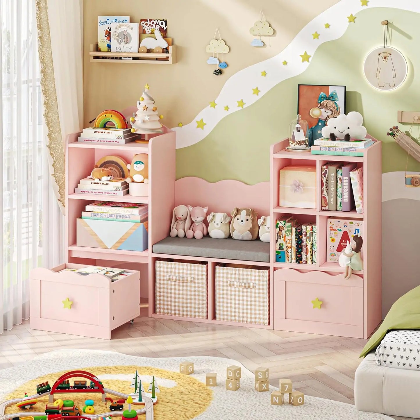 Pink Kids Bookshelf with Reading Nook & Storage