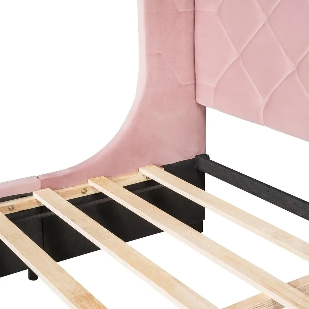 Pink Upholstered Platform Bed Frame with Storage Drawers