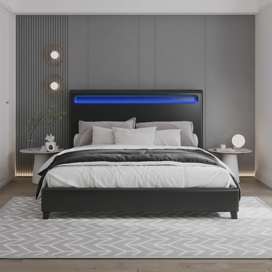 Black Upholstered Platform Bed with LED lighting