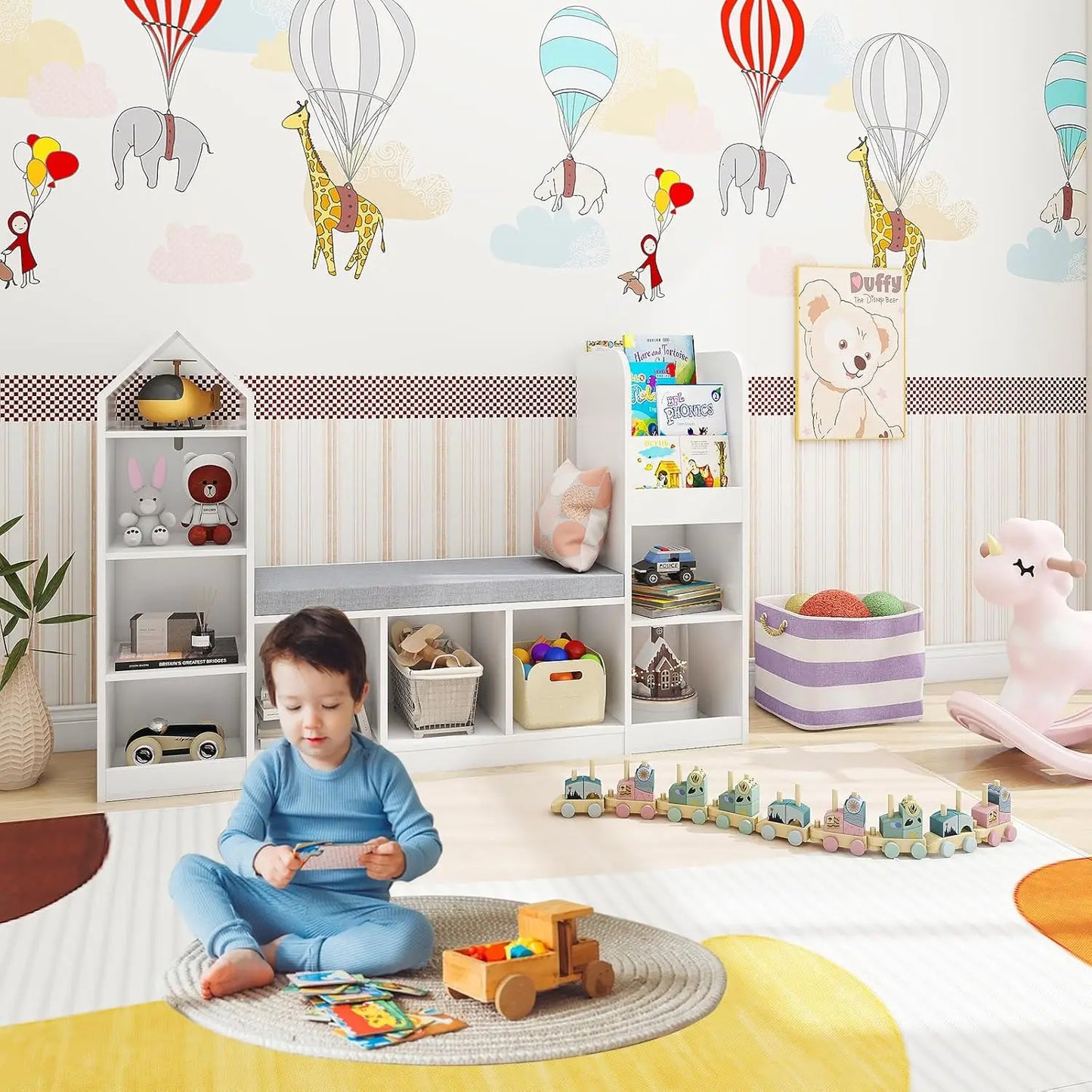 White Kids Bookshelf with Reading Nook & Toy Storage