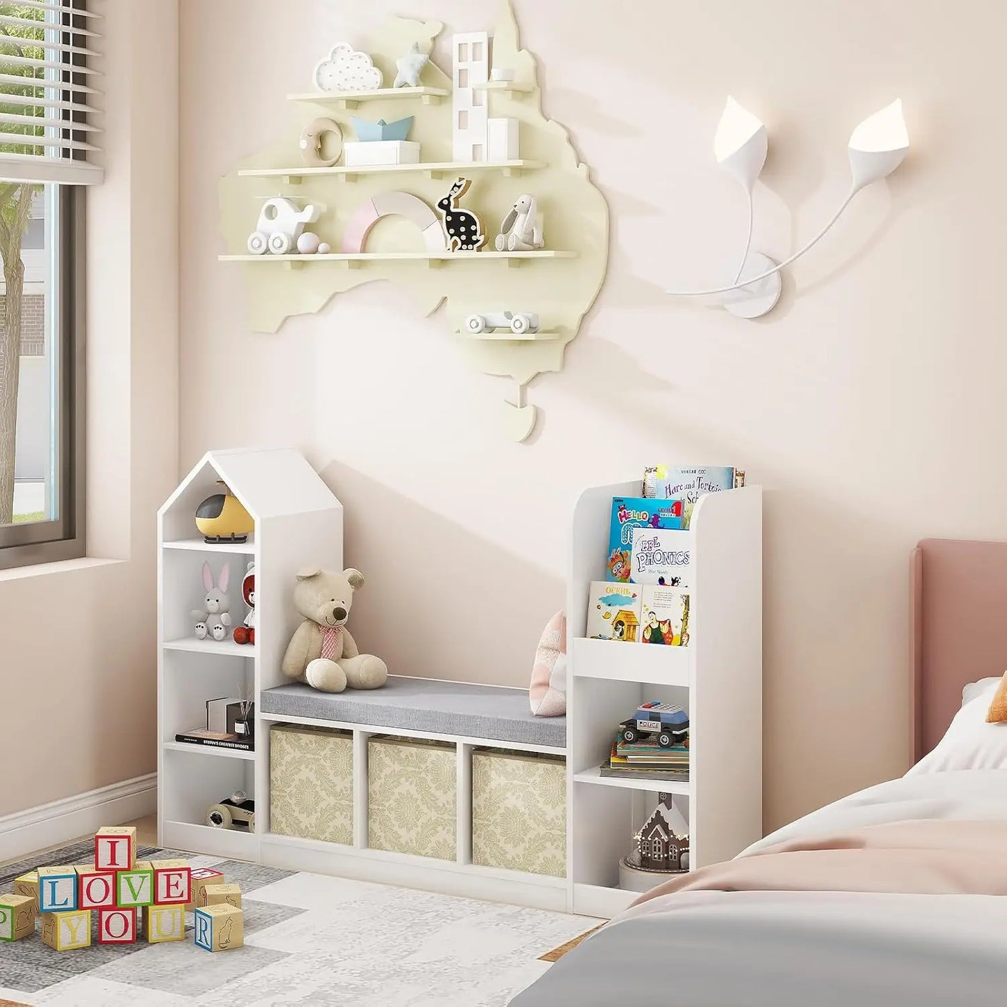 White Kids Bookshelf with Reading Nook & Toy Storage