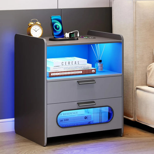 Smart Nightstand with LED Light & Charging Station