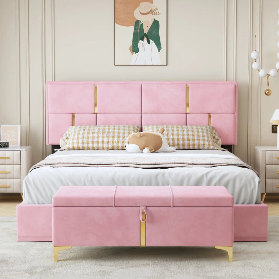 Pink Queen Size Upholstered Platform Bed with Storage Bench