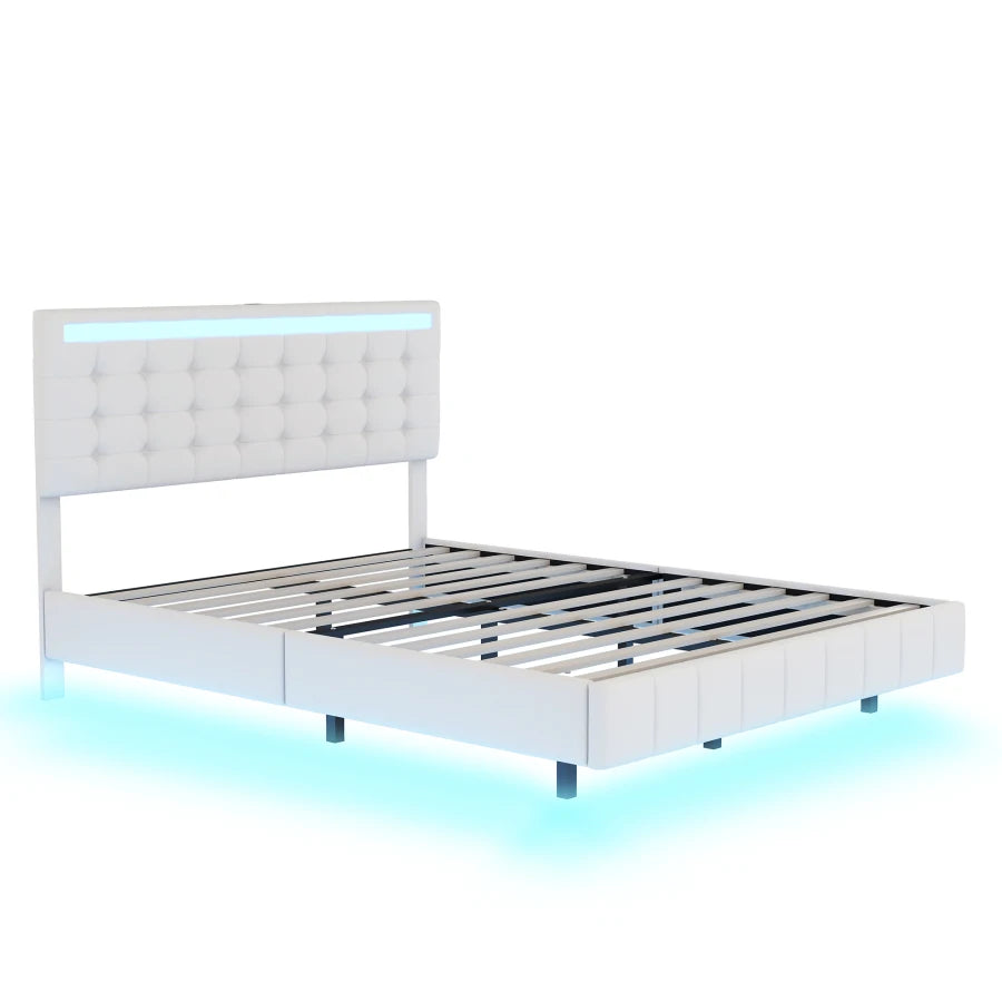 White Floating Bed Frame with LED Lights and USB Charging