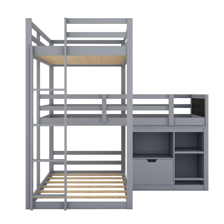 L-shaped Wood Triple Twin Size Bunk Bed with Storage Cabinet and Blackboard, Ladder