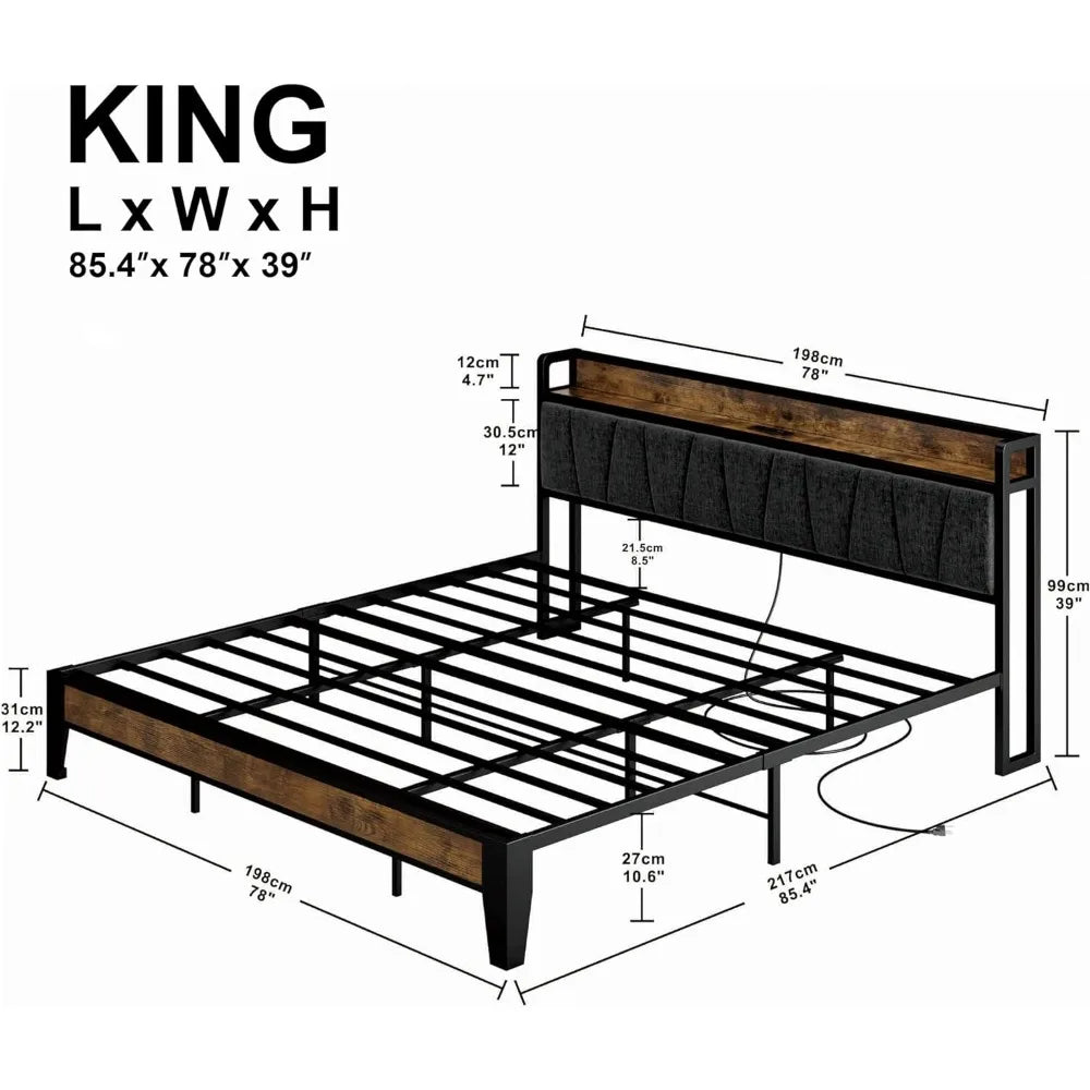 King size bed frame with Charging Station and Storage Headboard
