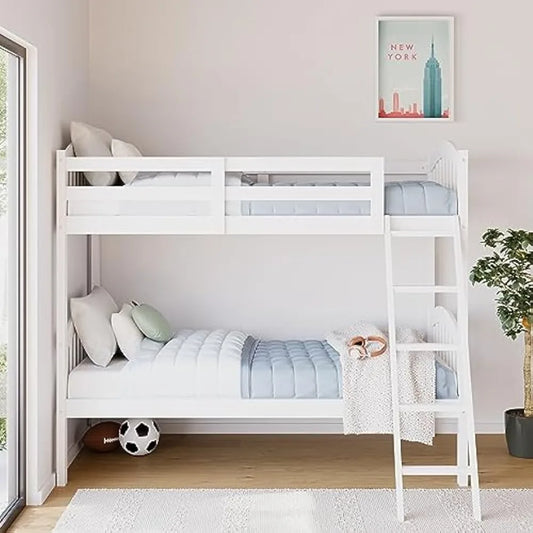 Children's Bed Long Horn Solid Hardwood Twin Bunk Bed White for Kids With Ladder and Safety Rail Furniture