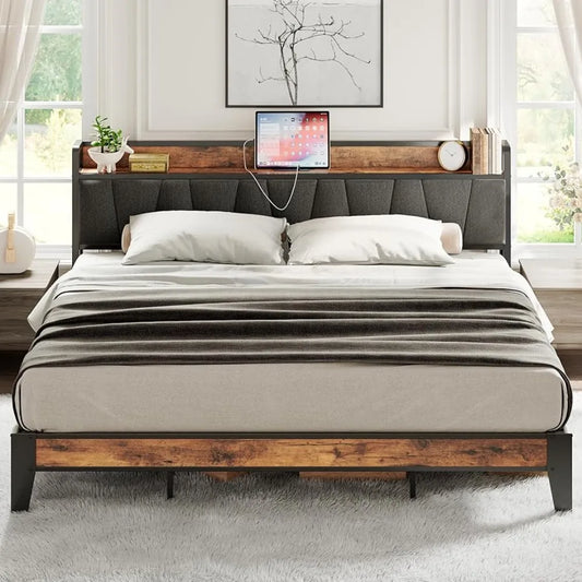 King size bed frame with Charging Station and Storage Headboard