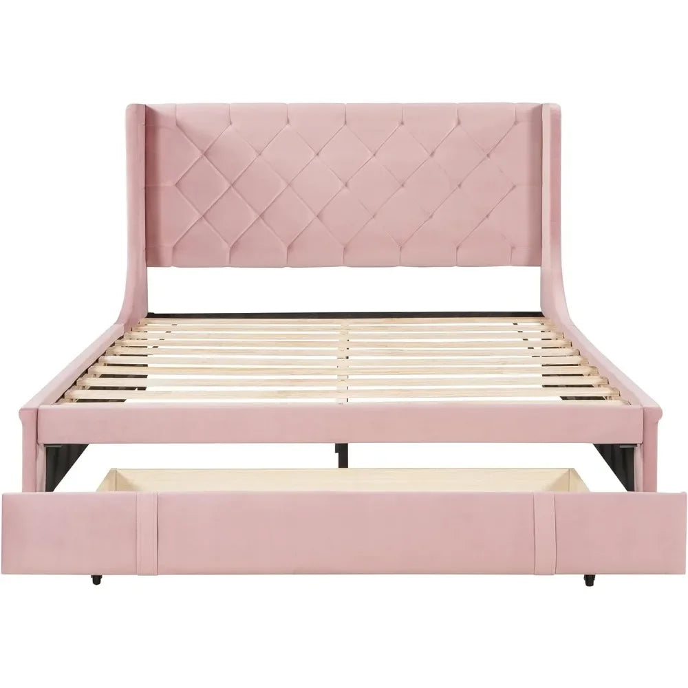 Pink Upholstered Platform Bed Frame with Storage Drawers