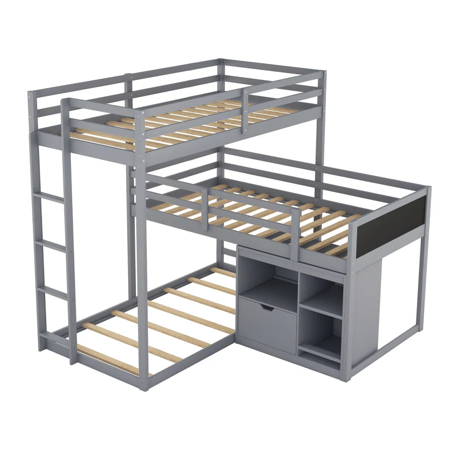 L-shaped Wood Triple Twin Size Bunk Bed with Storage Cabinet and Blackboard, Ladder