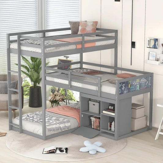 L-shaped Wood Triple Twin Size Bunk Bed with Storage Cabinet and Blackboard, Ladder