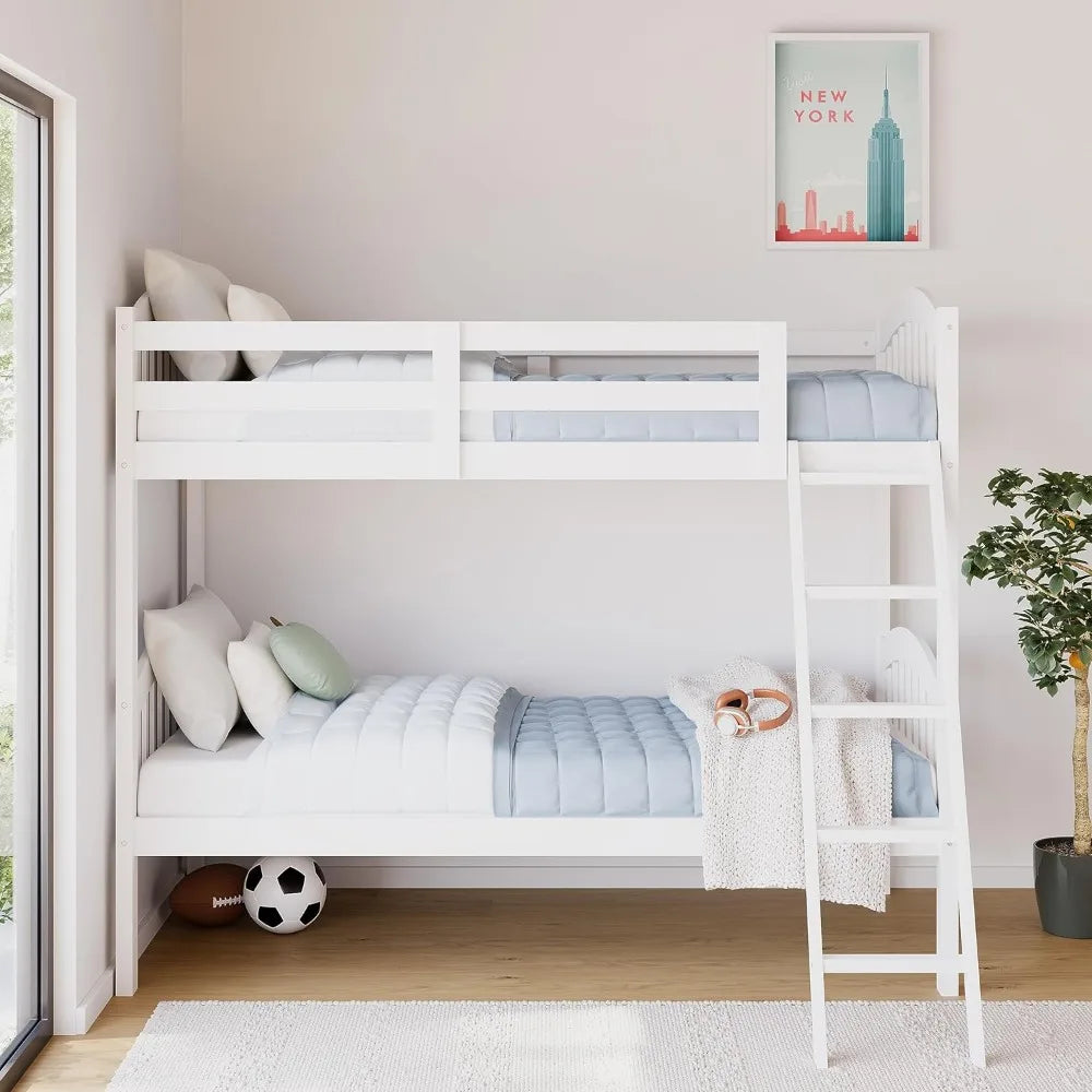 Children's Bed Long Horn Solid Hardwood Twin Bunk Bed White for Kids With Ladder and Safety Rail Furniture