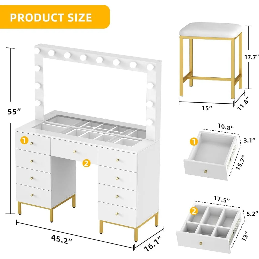 Large White Makeup Vanity Desk Set with Hollywood Bulbs Mirror & Charger Station, Glass Top Vanity with 9 Drawers and Adjustable