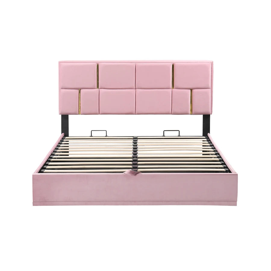Pink Queen Size Upholstered Platform Bed with Storage Bench