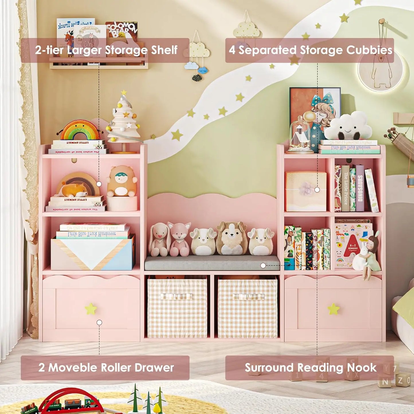 Pink Kids Bookshelf with Reading Nook & Storage