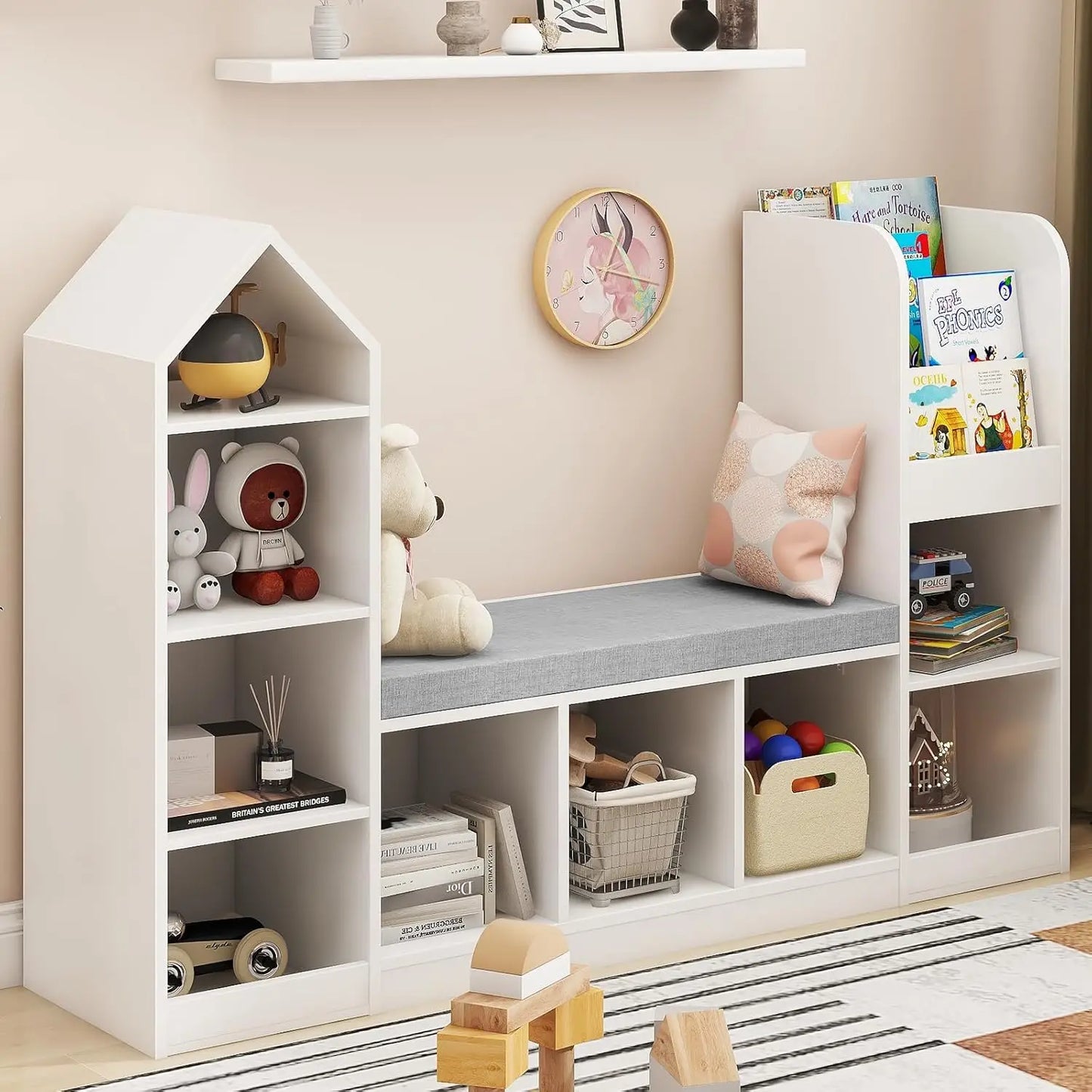 White Kids Bookshelf with Reading Nook & Toy Storage