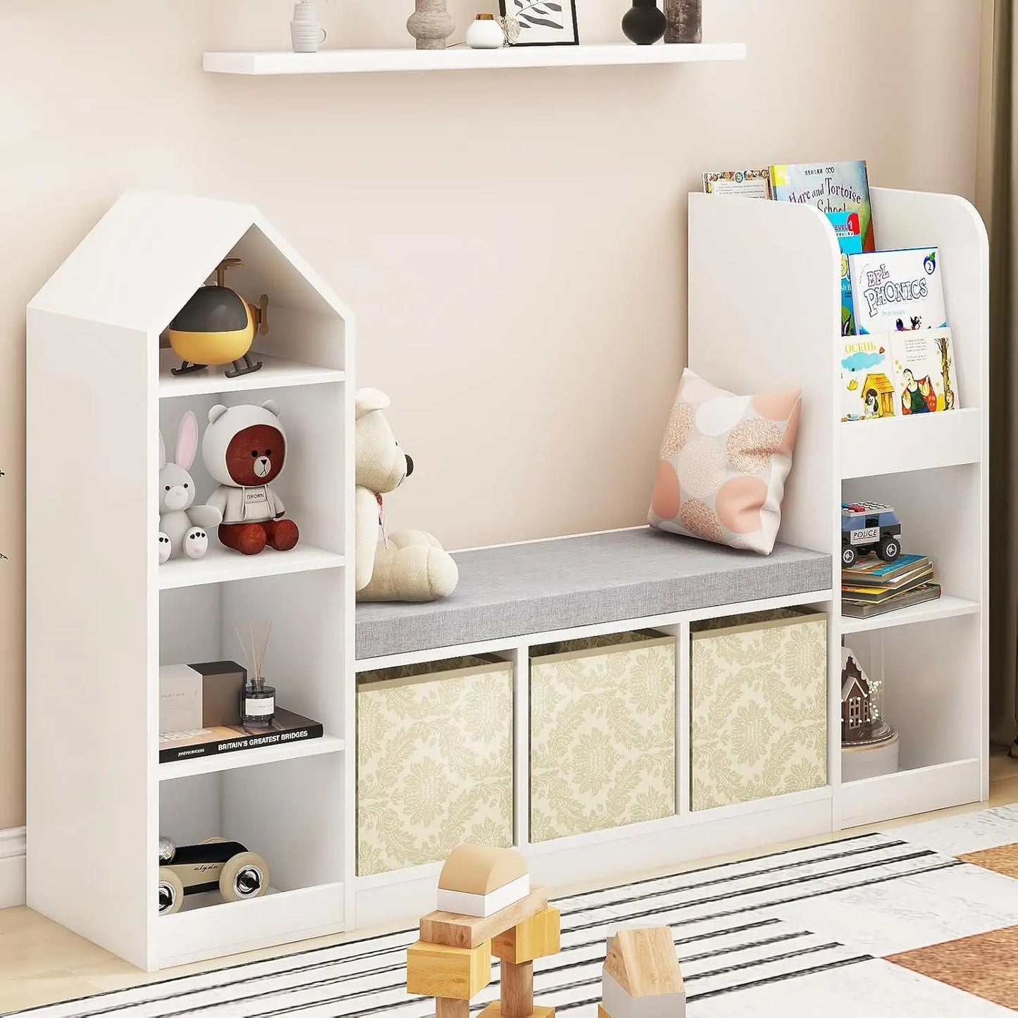 White Kids Bookshelf with Reading Nook & Toy Storage