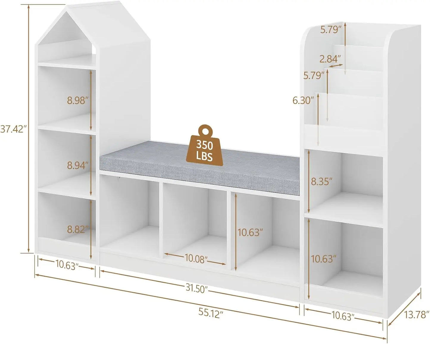 White Kids Bookshelf with Reading Nook & Toy Storage