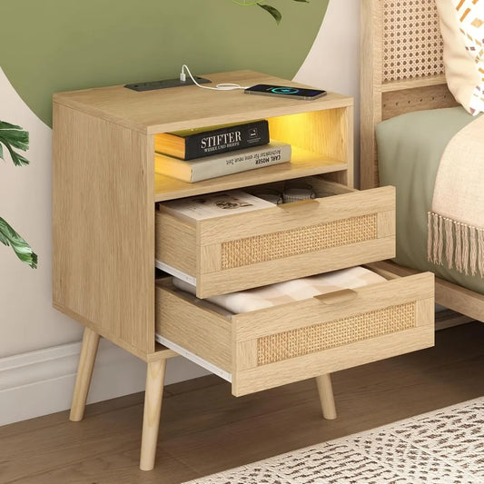 Rattan Nightstand with USB Charging & LED Lights